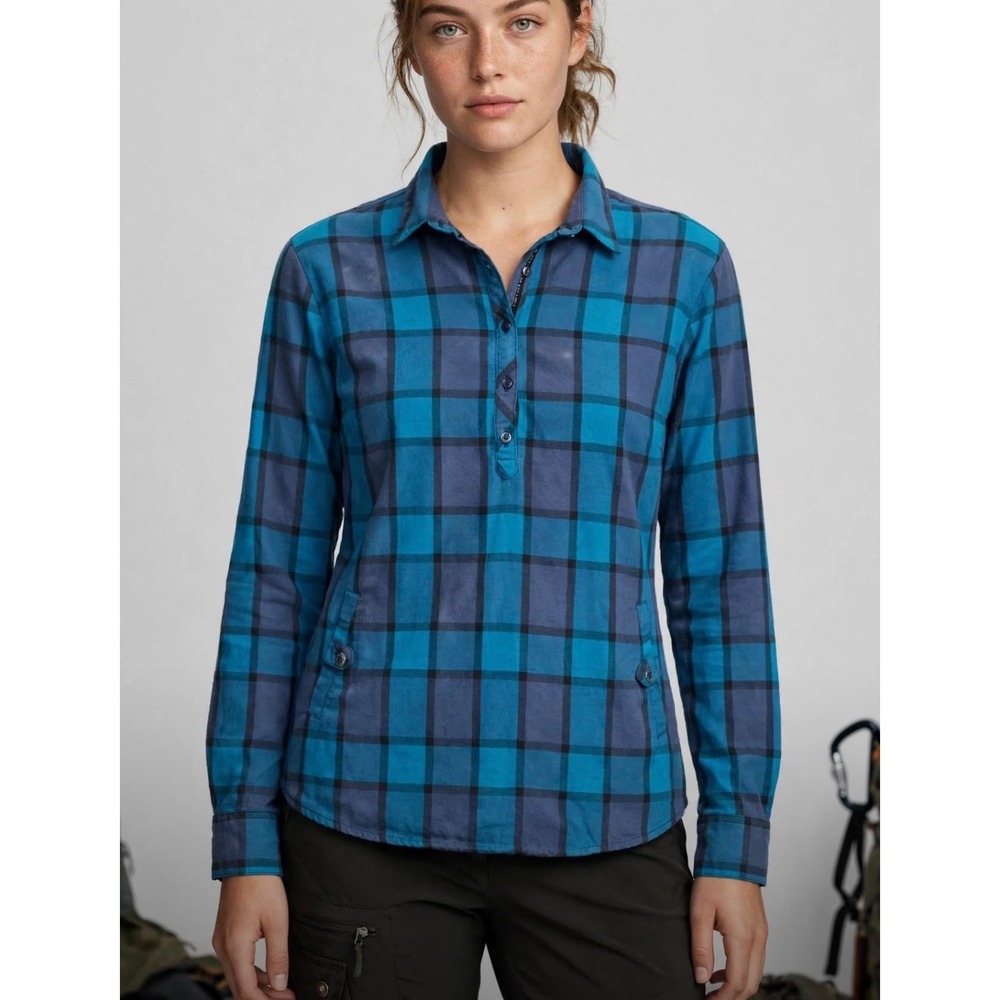 Kuhl Quinn Plaid Pullover Blue Navy Check Long Sleeve Top Women's L Granola Girl